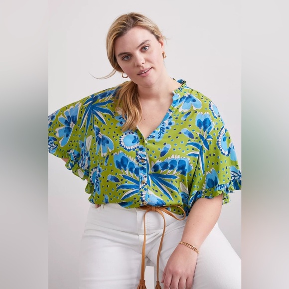 Anthropologie Green and Blue Vera Valley Flutter Short Sleeve Button Up Blouse - Picture 7 of 15